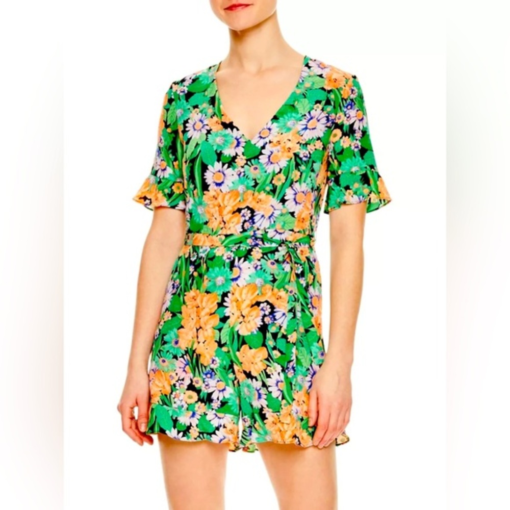 SANDRO Green Floral Print EUDELIN Silk Ruffle Shorts Romper 34( US 2)